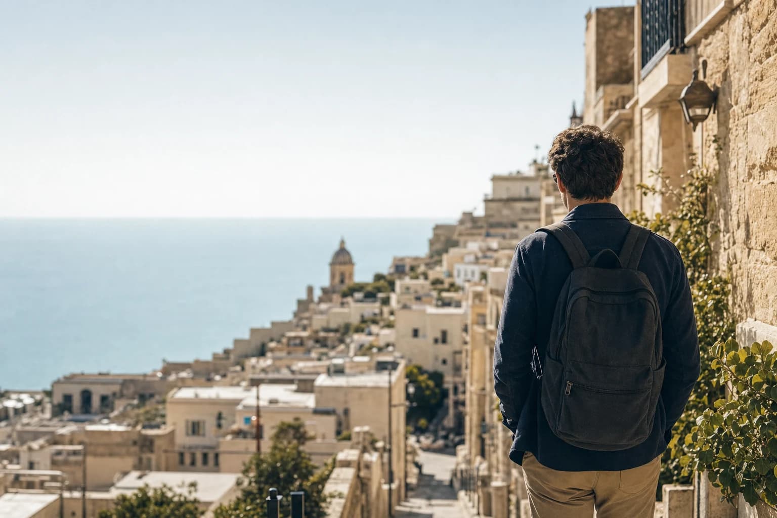 Traveler looking over a sunlit coastal city from a historic street