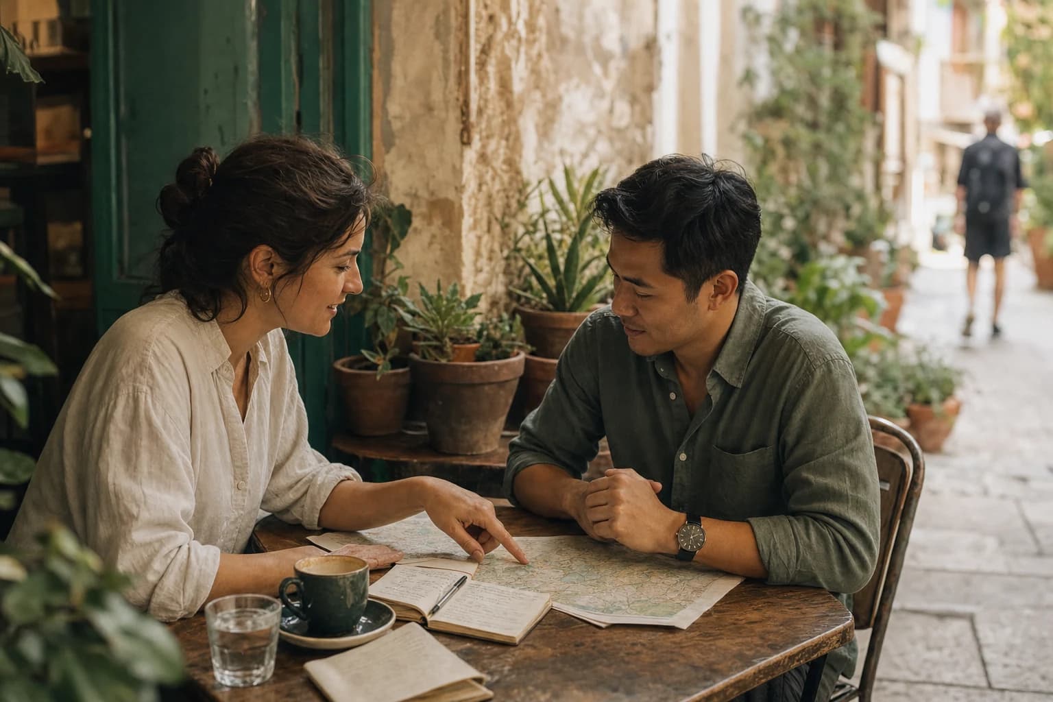Two people discussing a map and notes at a neighborhood cafe