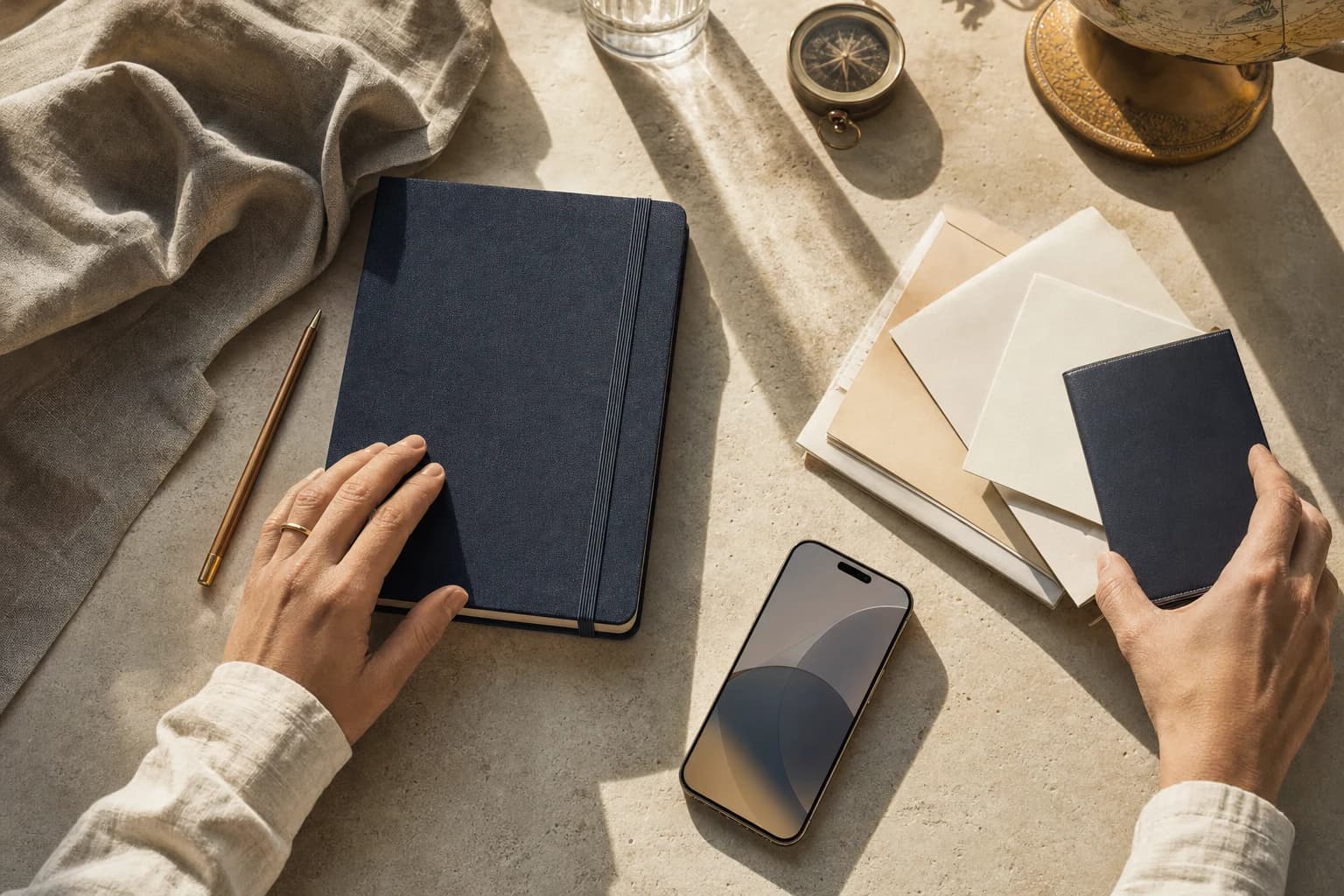 Hands arranging a notebook and travel materials on a sunlit desk